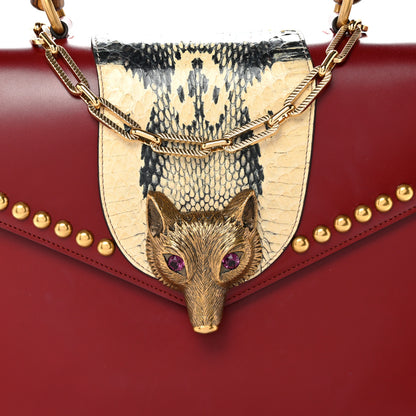 Gucci Glossy Calfskin Snakeskin Studded Fox Broche Bamboo Top Handle Bag Red 8 of 11