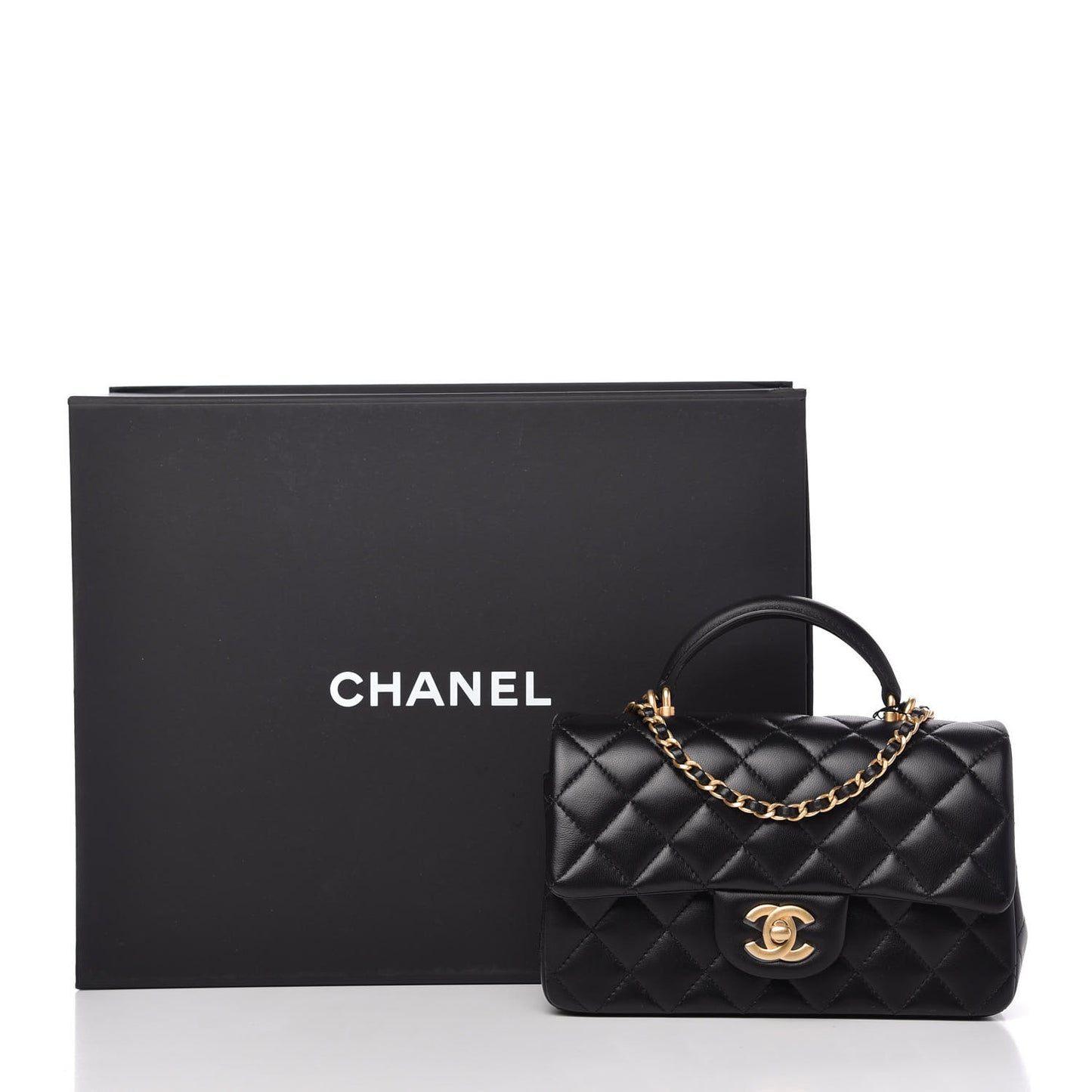 Lambskin Quilted Mini Top Handle Rectangular Flap Black