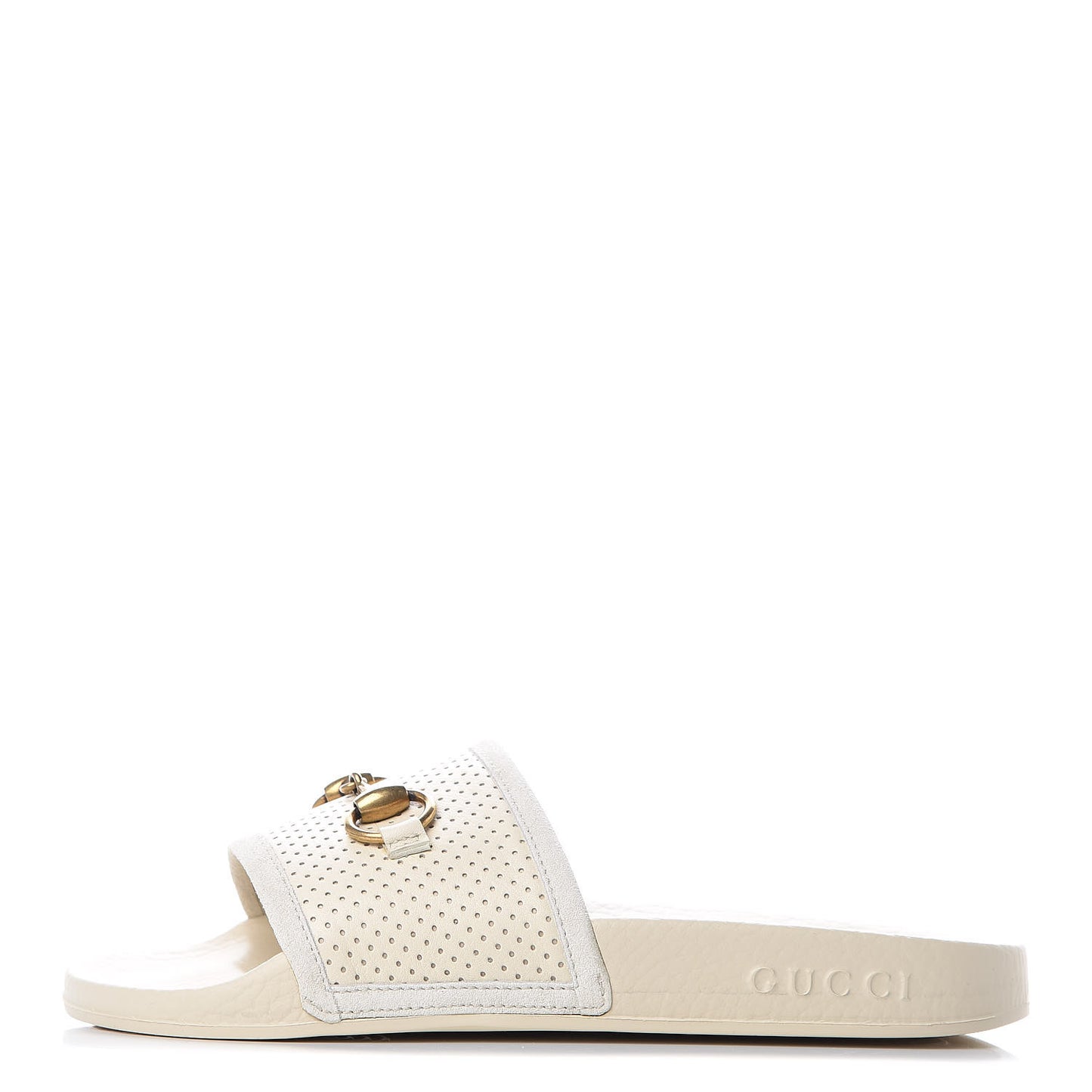 Suede Perforated Horsebit Slide Sandals 36 Ivory