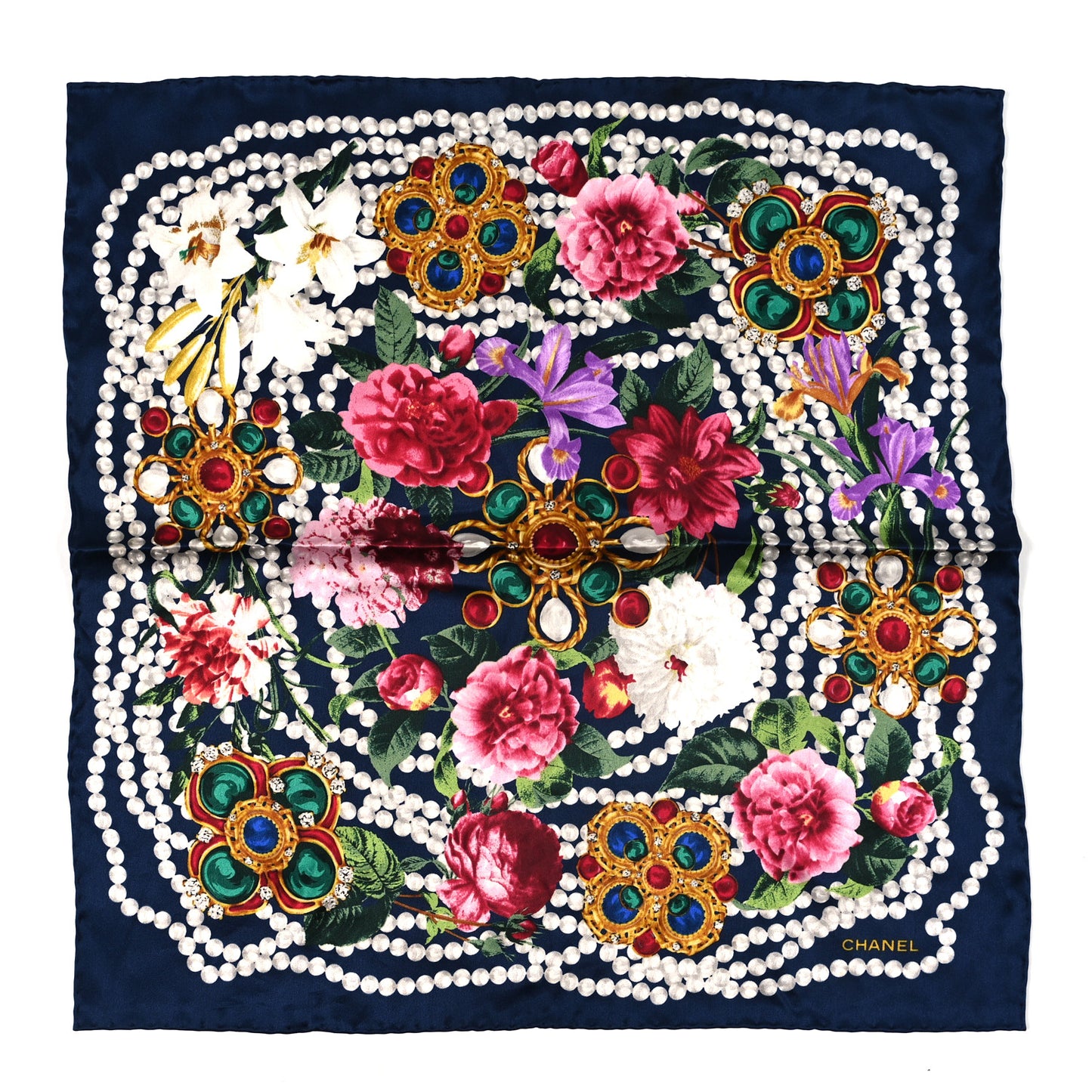 Silk CC Gripoix Pearl Flower Mini Bandana Navy Blue White Multicolor