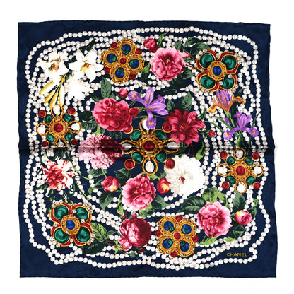 Chanel Silk CC Gripoix Pearl Flower Mini Bandana Navy Blue White Multicolor 1 of 3
