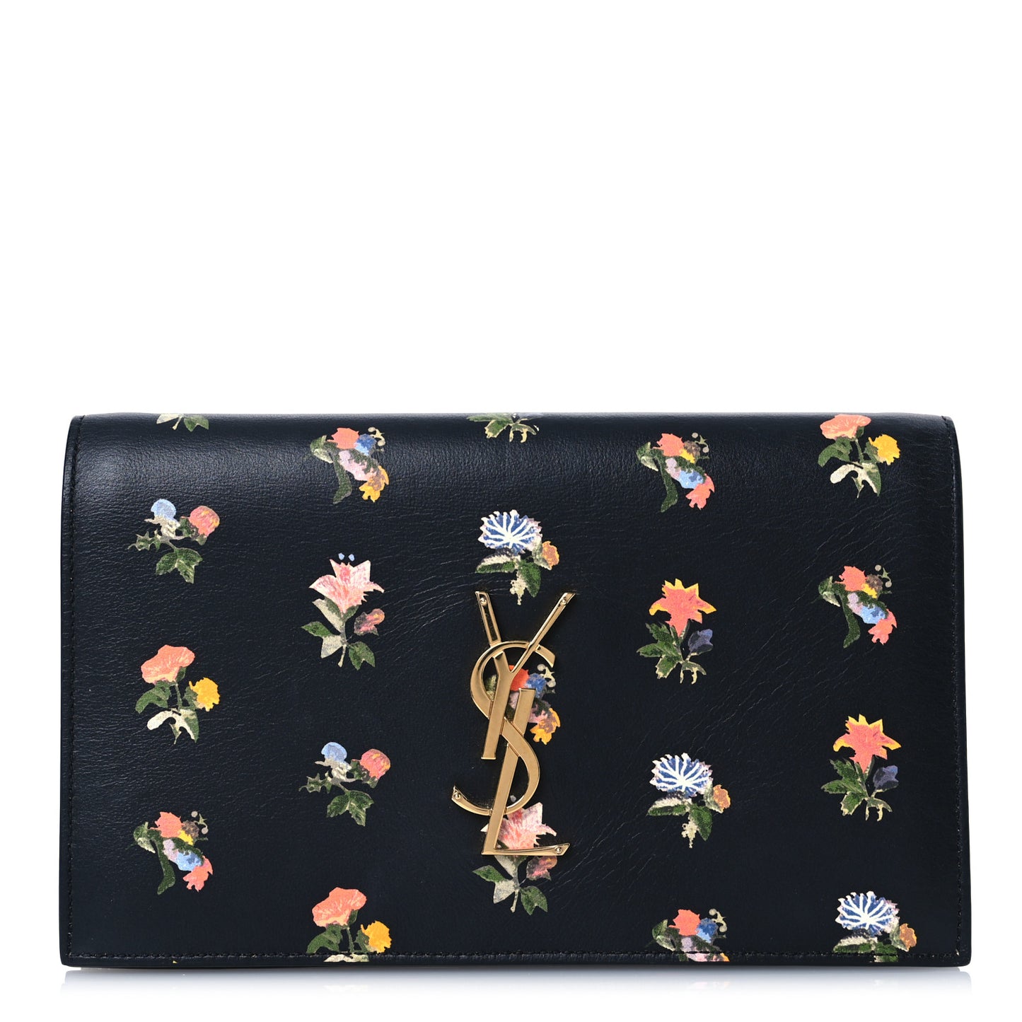 Calfskin Prairie Flower Printed Classic Monogram Kate Clutch Black Multicolor