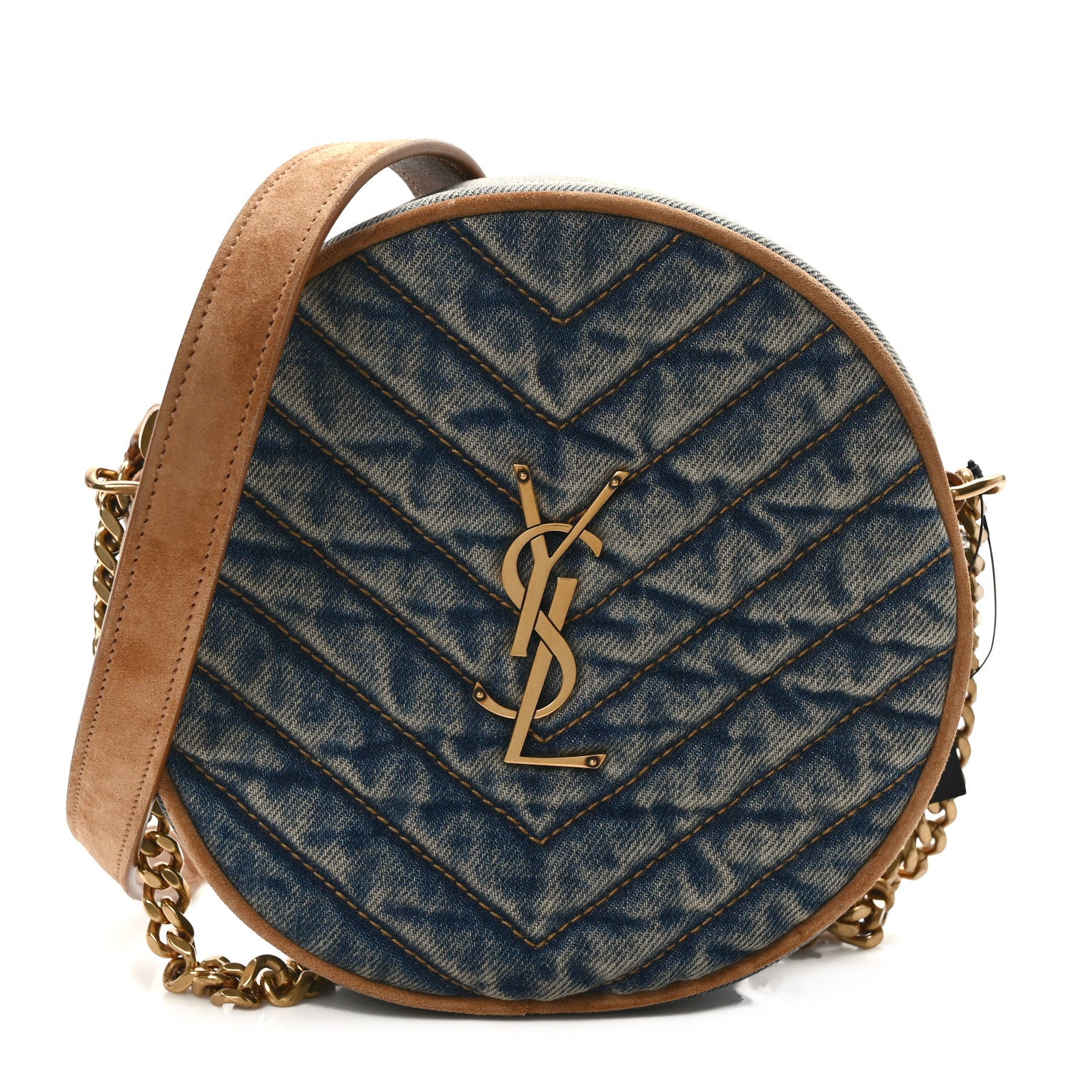 Saint Laurent Denim Matelasse Chevron Quilted Round Vinyle Camera Bag Rodeo Blue Cinnamon 1 of 13