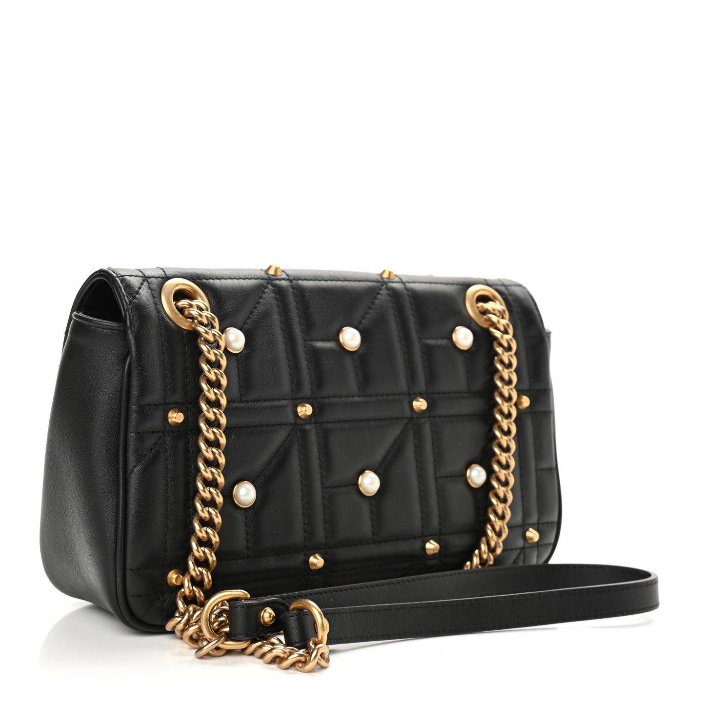 Calfskin Matelasse Studded Small Pearly GG Marmont Shoulder Bag Black
