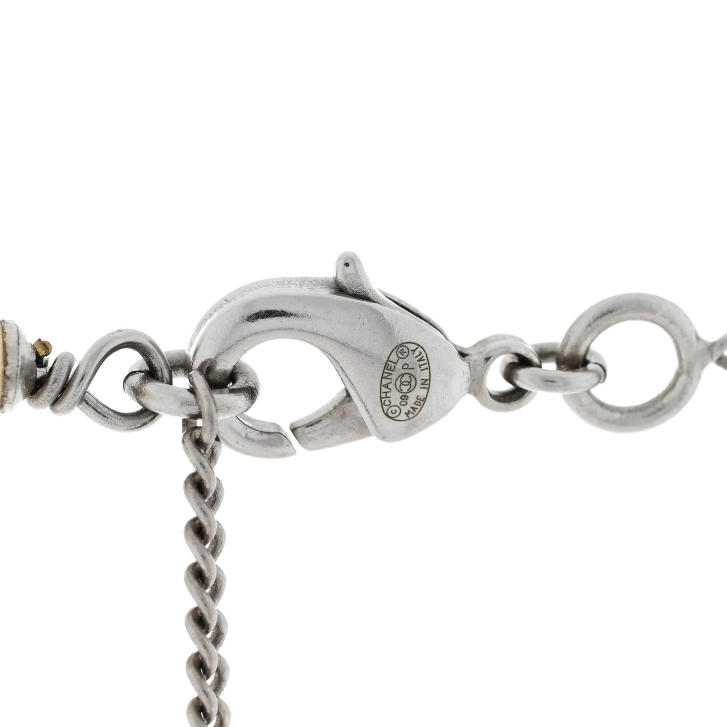 Baguette Crystal Pearl CC Long Necklace Silver