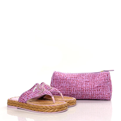 Chanel Tweed CC Thong Sandals 38.5 Light Purple Pink Red 11 of 11