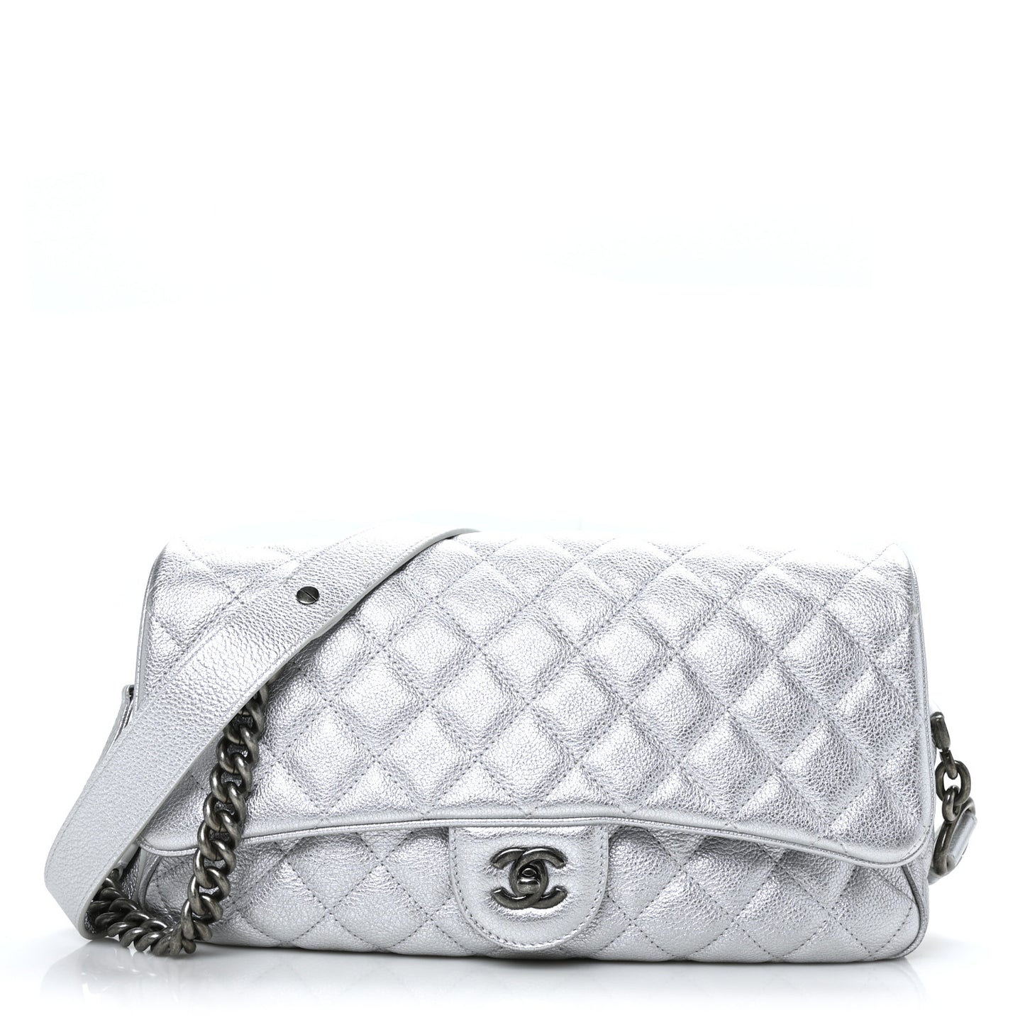 Metallic Calfskin Quilted Medium Casual Rock Flap Silver