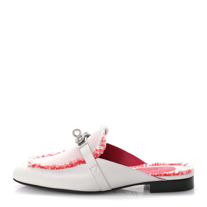 Hermes Calfskin Fringed H Canvas Oz Mules 35 Beige Glaise Framboise 1 of 9