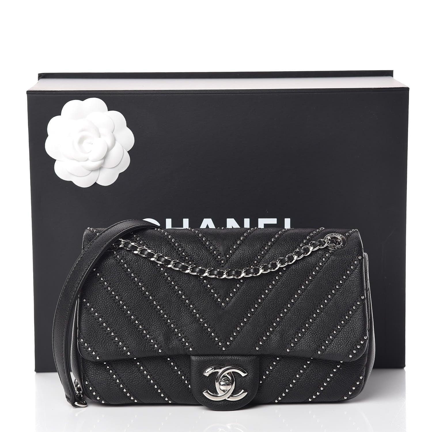Chanel Calfskin Studded Chevron Quilted Small Wars Flap Black 11 of 11