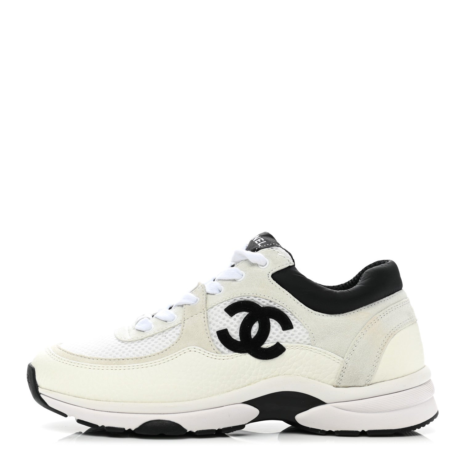 Chanel Mesh Suede Calfskin Grained Calfskin Womens CC Sneakers 37 White Black 1 of 8