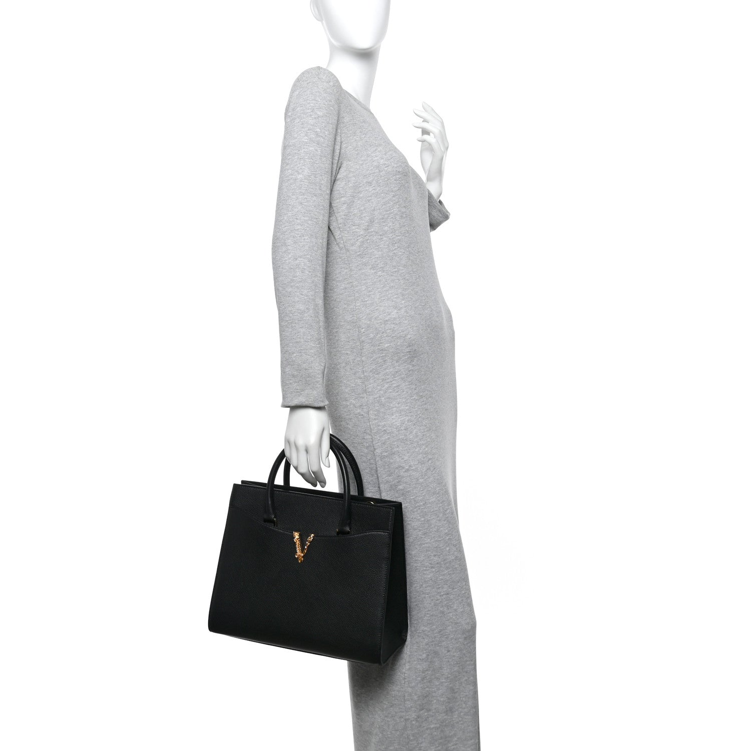 Versace Grained Calfskin Large Virtus Top Handle Shoulder Bag Black 2 of 15