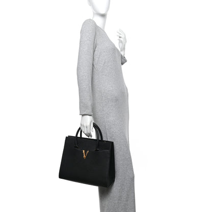 Versace Grained Calfskin Large Virtus Top Handle Shoulder Bag Black 2 of 15