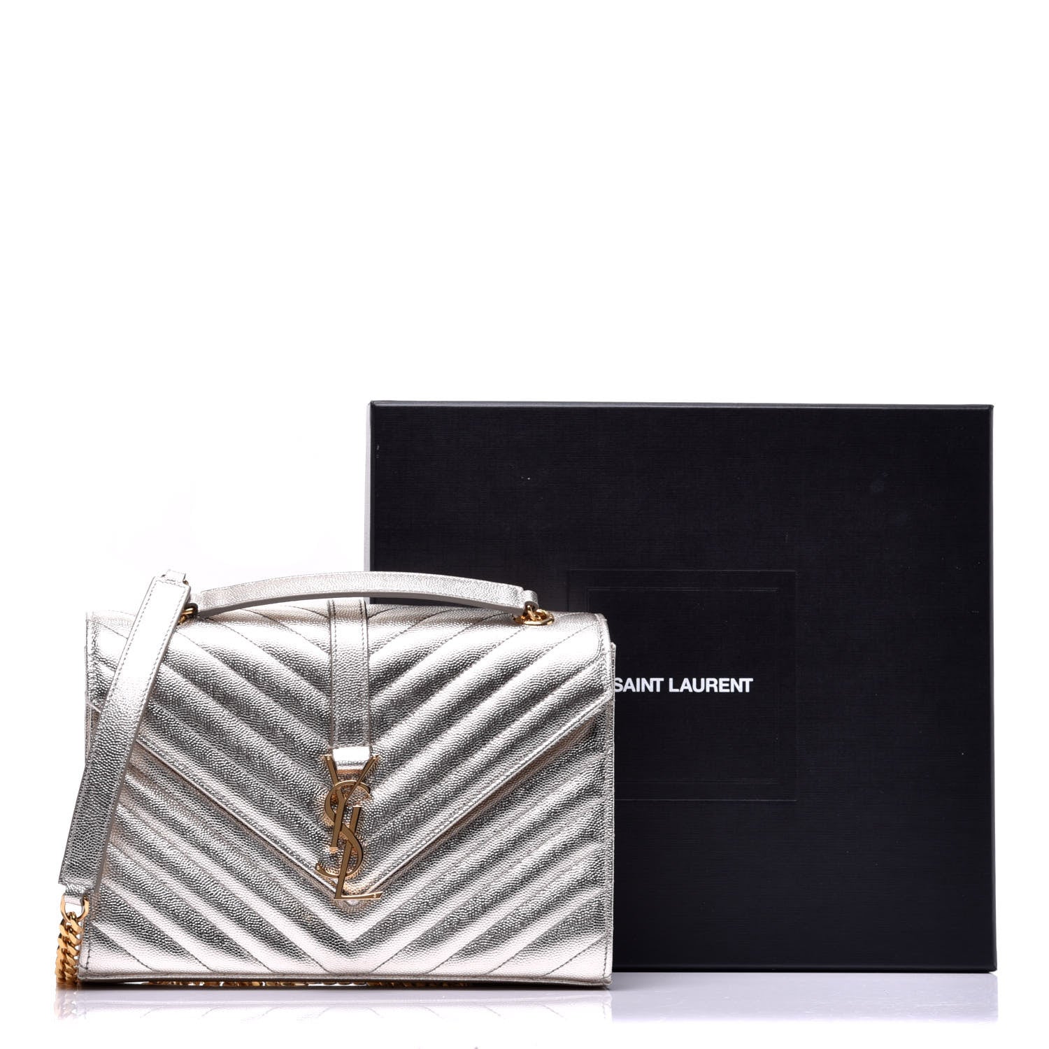Saint Laurent Metallic Grain De Poudre Matelasse Chevron Medium Monogram Satchel Gold 8 of 8