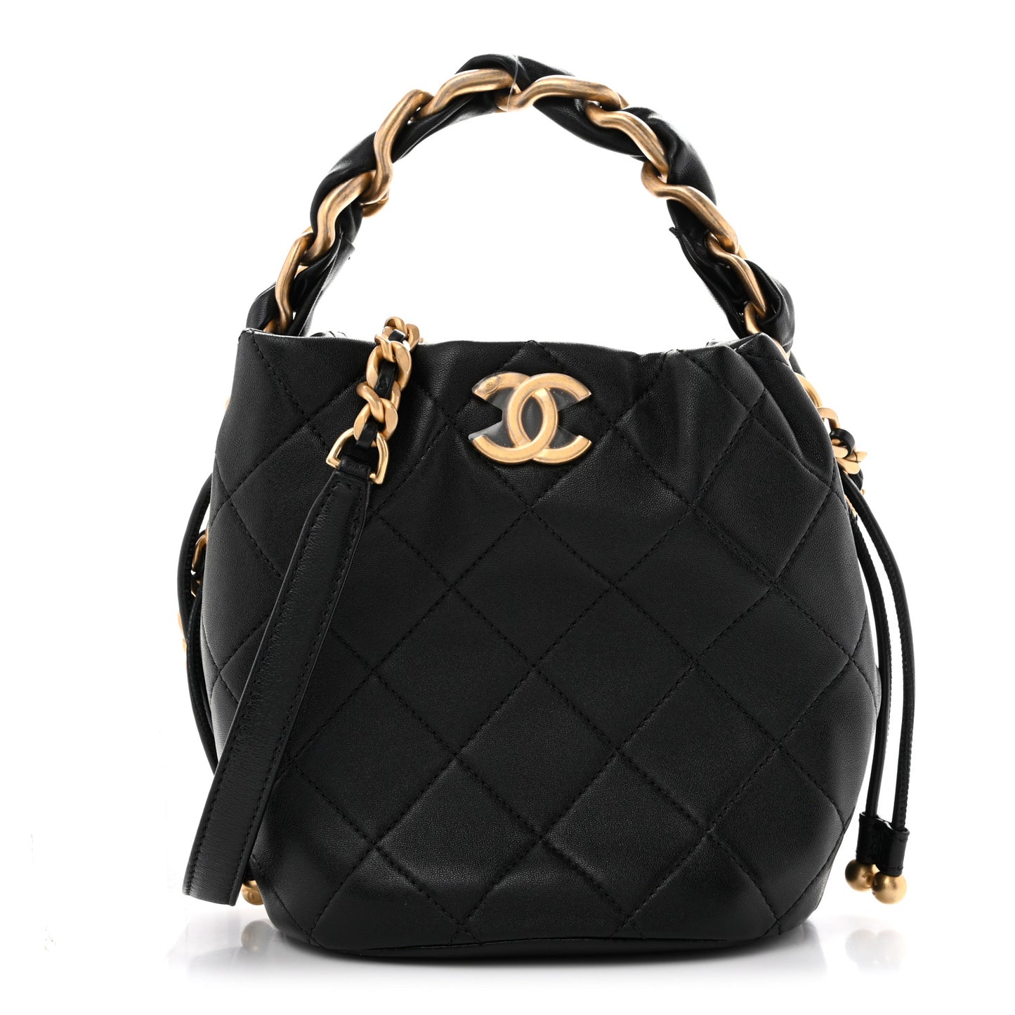 Shiny Lambskin Quilted Chain Is More Drawstring Bag Black