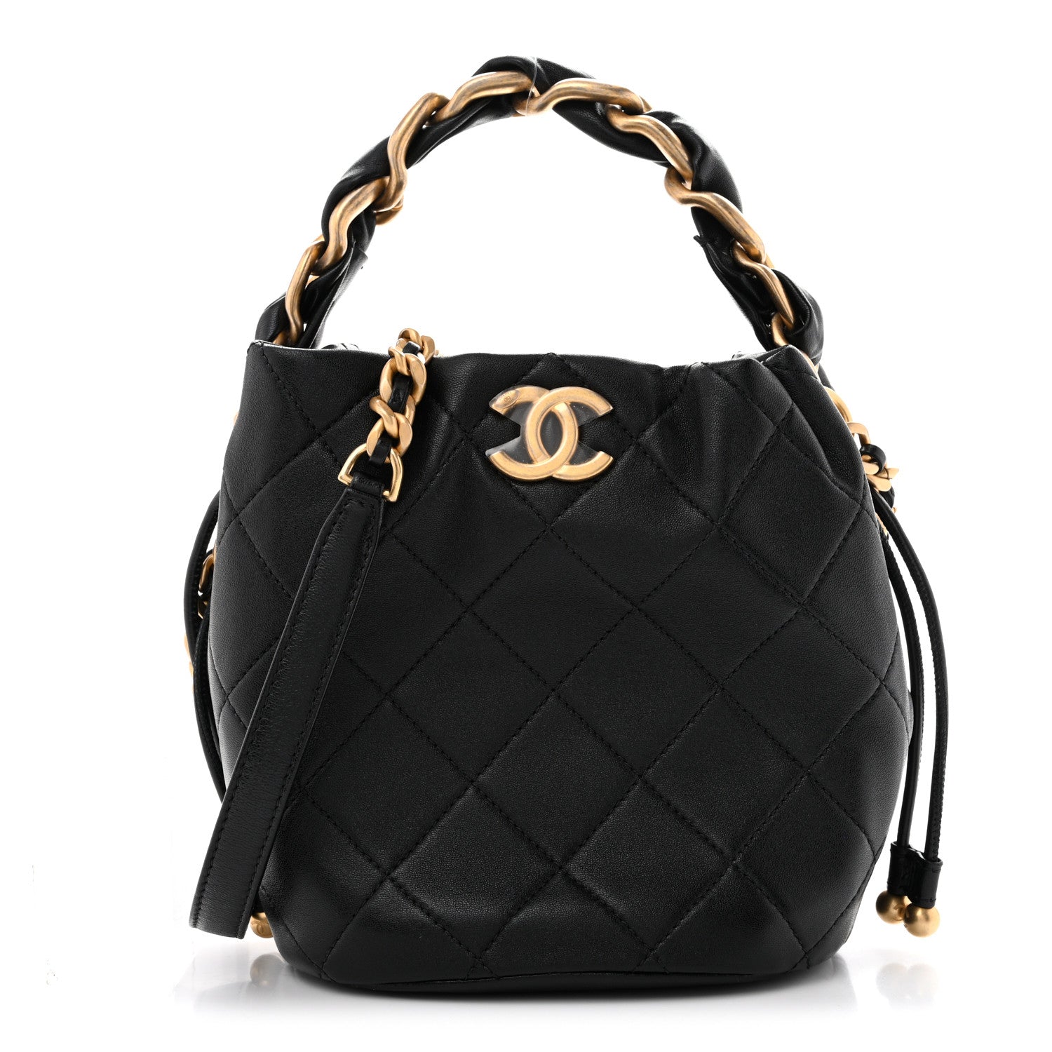 Chanel Shiny Lambskin Quilted Chain Is More Drawstring Bag Black 1 of 12