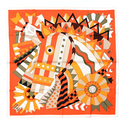 Hermes Silk Cheval De Fete Shawl 90 Orange Vermillon White 1 of 5