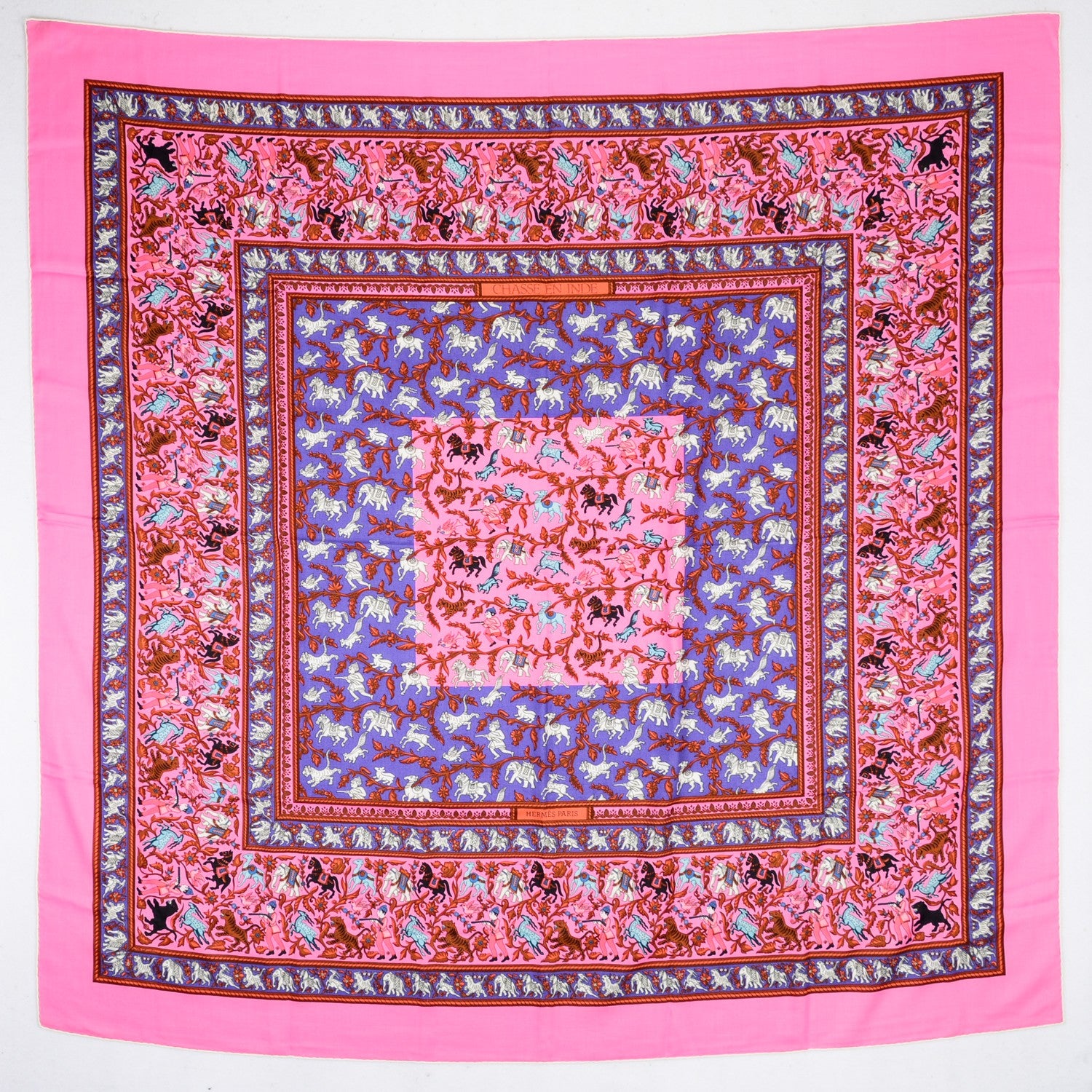 Hermes Cashmere Silk Chasse En Inde Shawl 140 Rose Bombon Lavande Gris 2 of 5