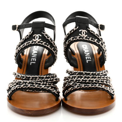 Chanel Lambskin Quilted Chain Wedge Sandals 36 Black 1 of 11