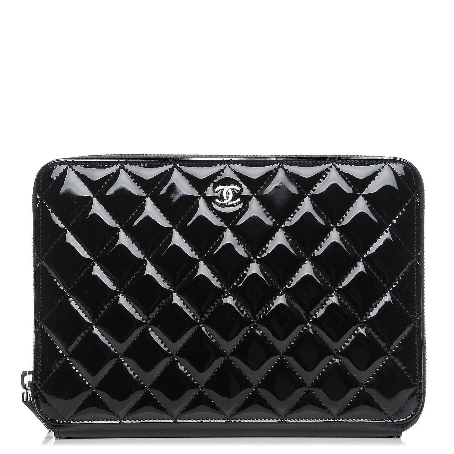 Patent Calfskin Quilted Zipped Clutch Black