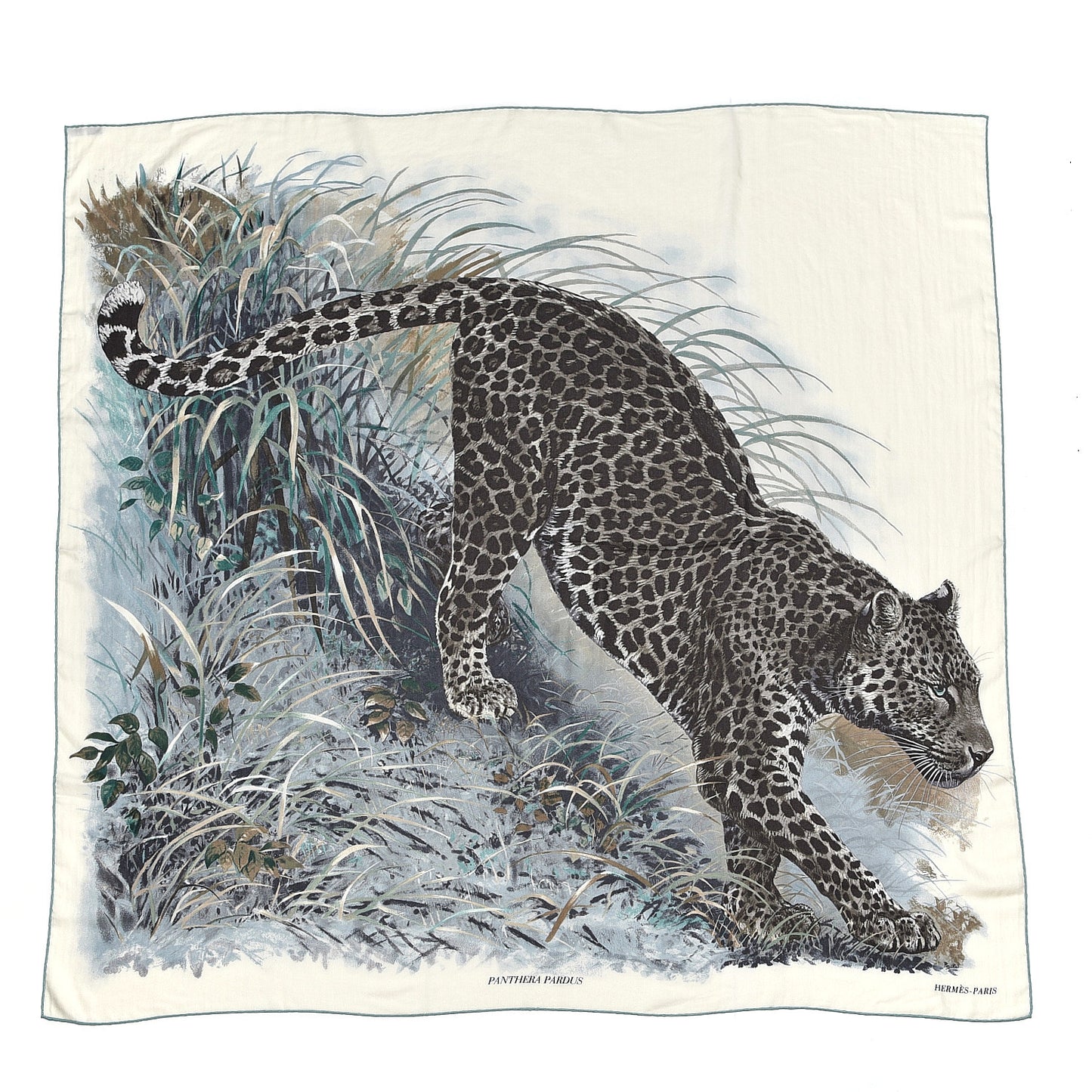 Cashmere Silk Panthera Pardus Shawl 140 Blanc Anthracite Vert