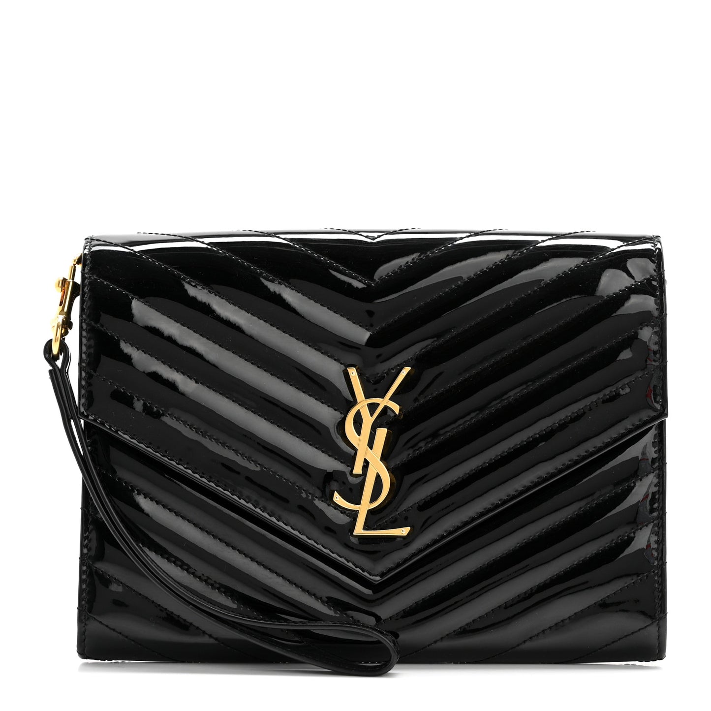 Patent Matelasse Chevron Monogram Envelope Clutch Black