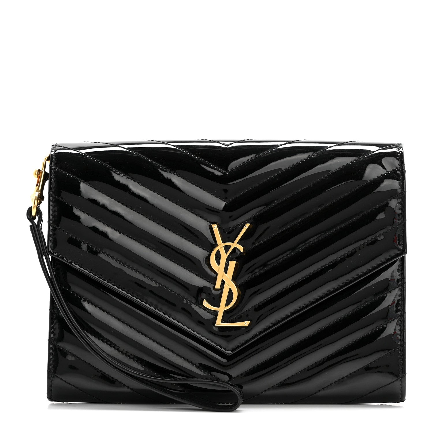 Saint Laurent Patent Matelasse Chevron Monogram Envelope Clutch Black 1 of 10