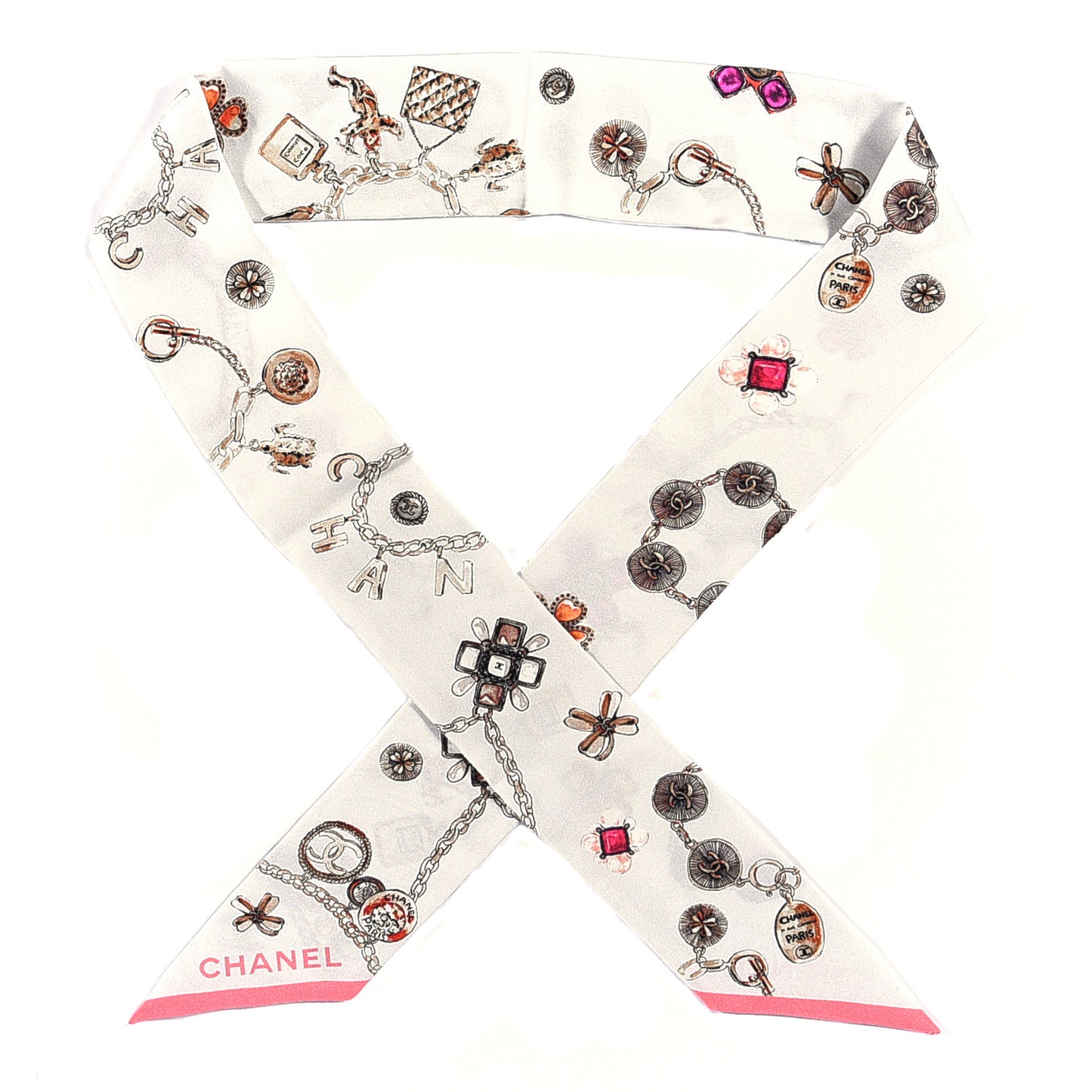 Silk CC Charms Slim Bandeau Scarf White Pink