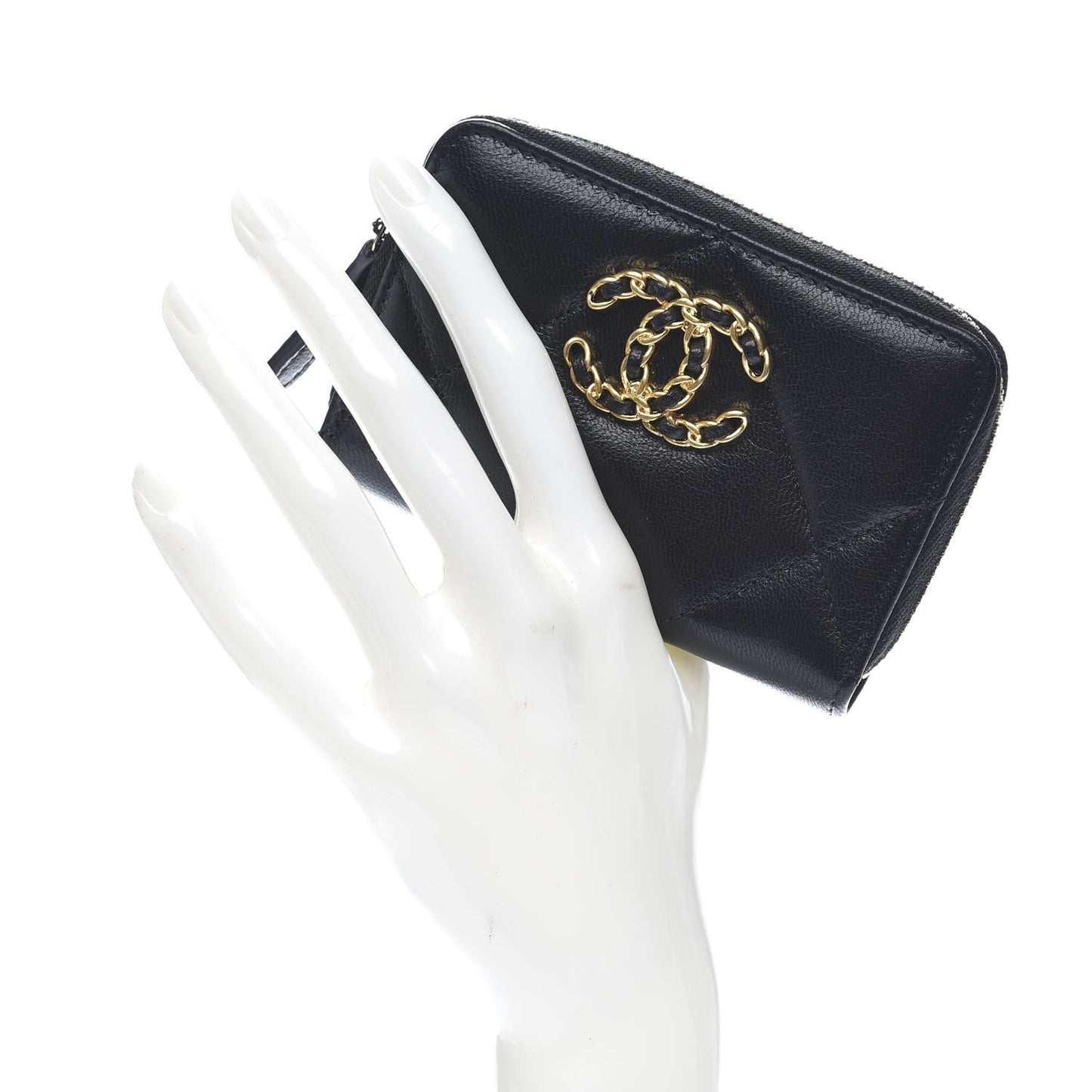 Lambskin Quilted Chanel 19 Zip Around Coin Purse Wallet Black