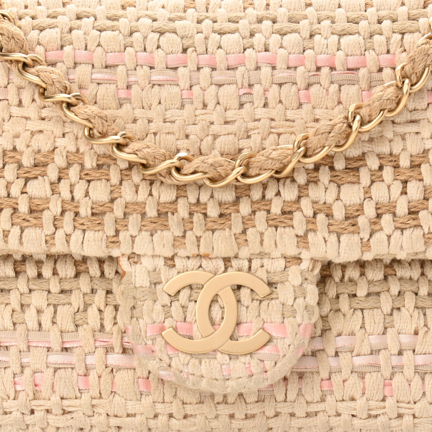 Tweed Chain Braid Small Single Flap Beige White