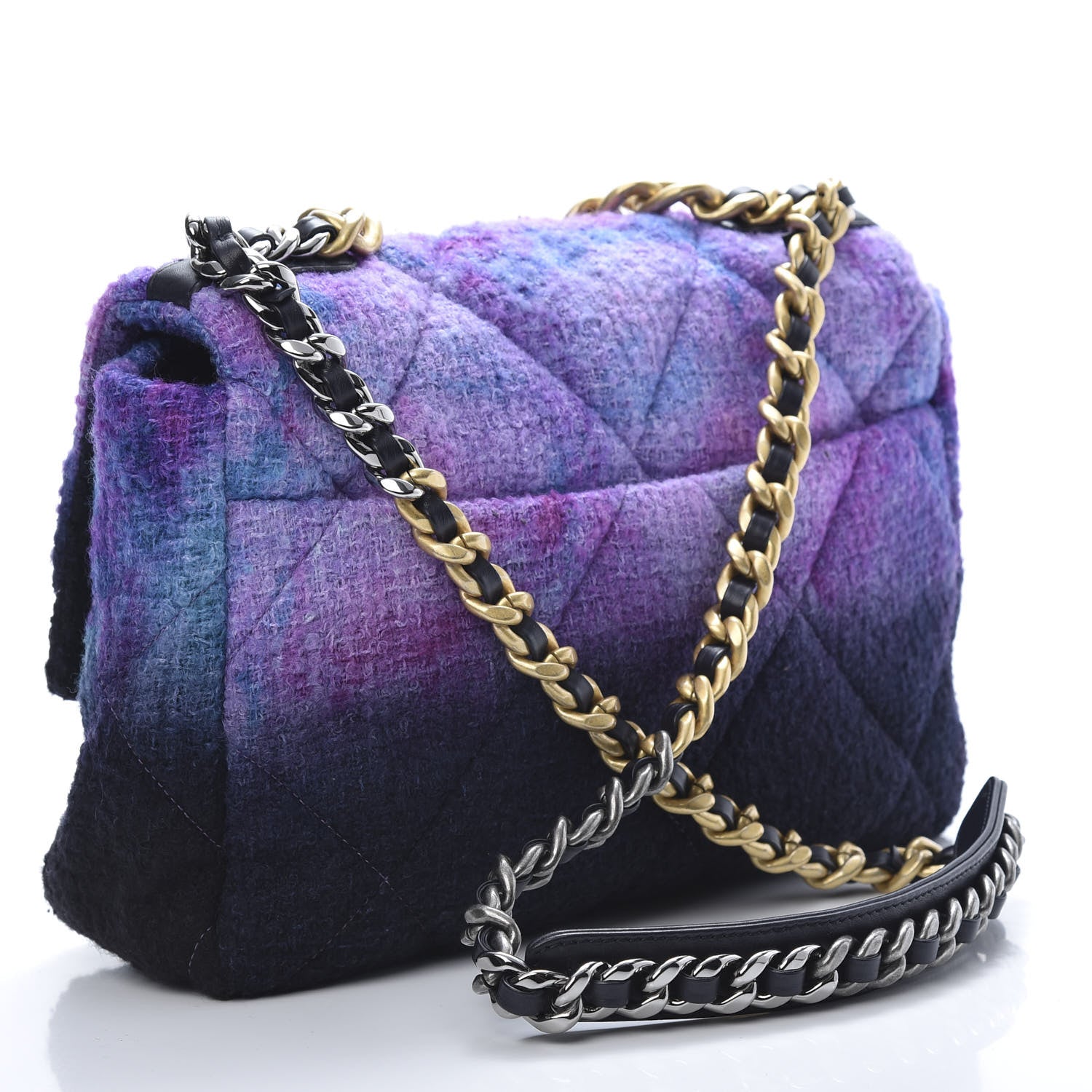 Chanel Wool Tweed Quilted Large 19 Flap Purple Black Blue 3 of 11