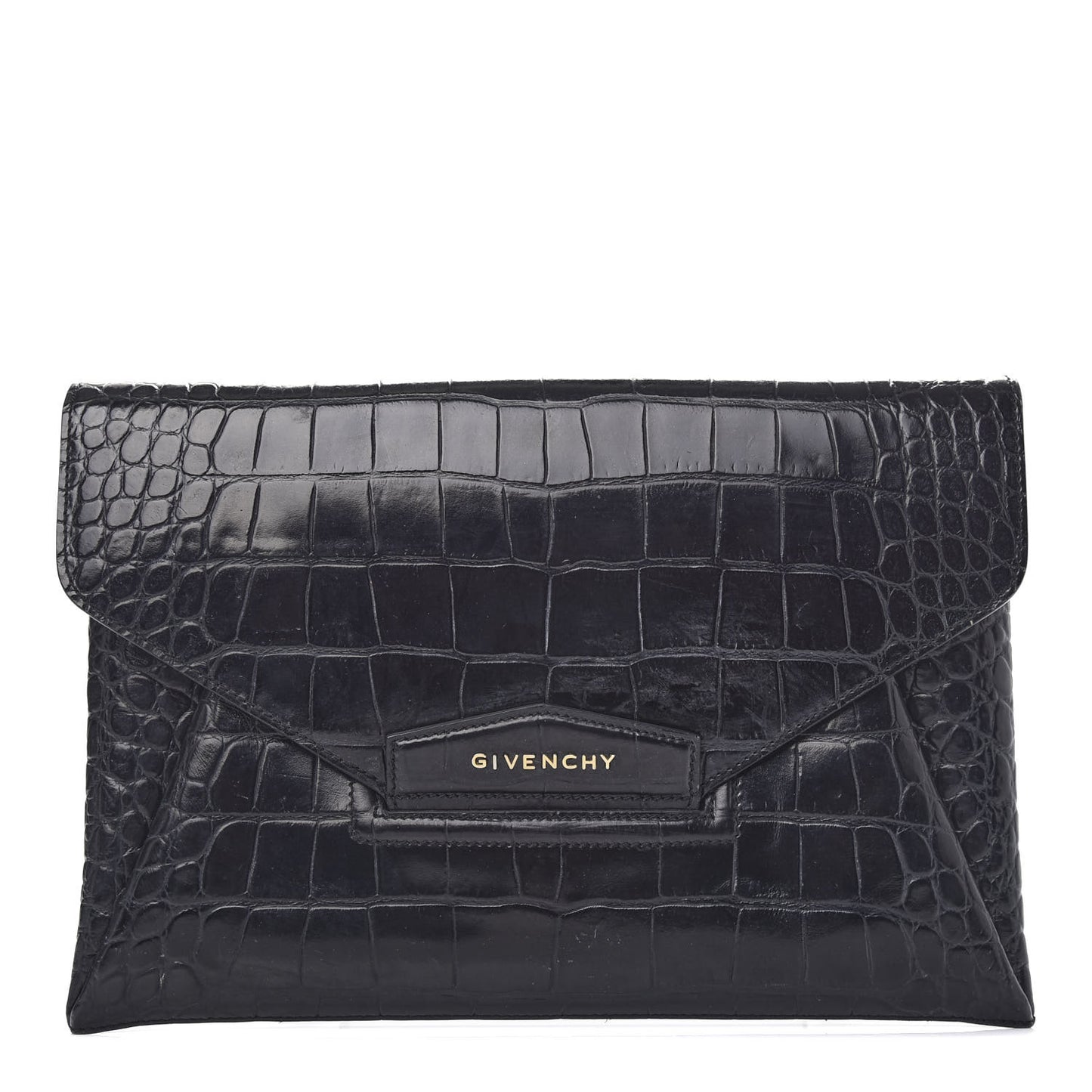 Calfskin Crocodile Embossed Medium Antigona Envelope Clutch Black