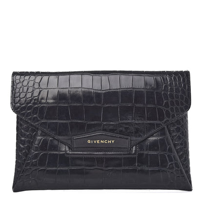 Givenchy Calfskin Crocodile Embossed Medium Antigona Envelope Clutch Black 1 of 10
