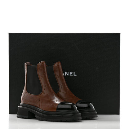 Chanel Calfskin Patent Cap Toe Quilted Short Boots 36.5 Brown Black 9 of 9