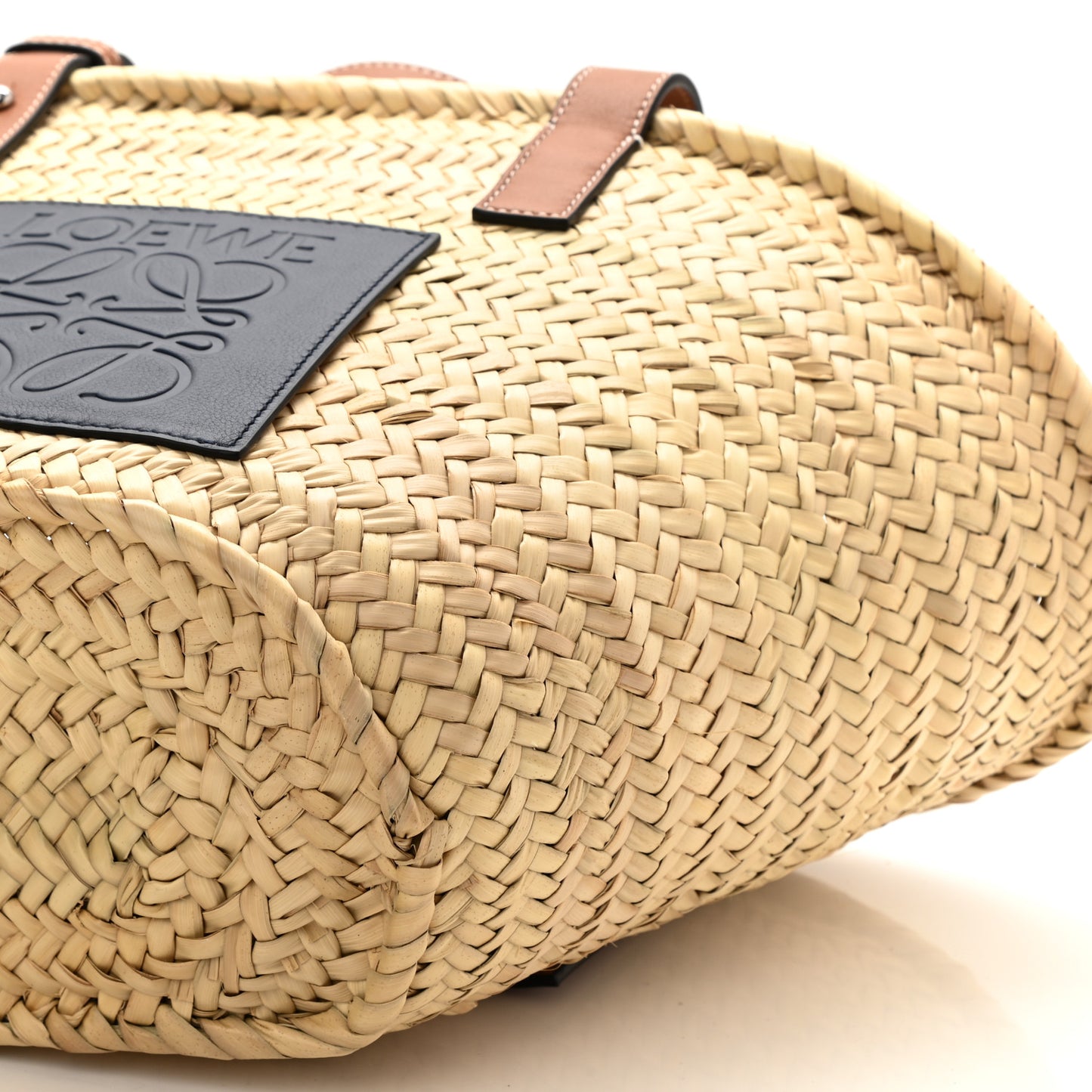 Raffia Small Basket Tote Bag Natural Tan Navy