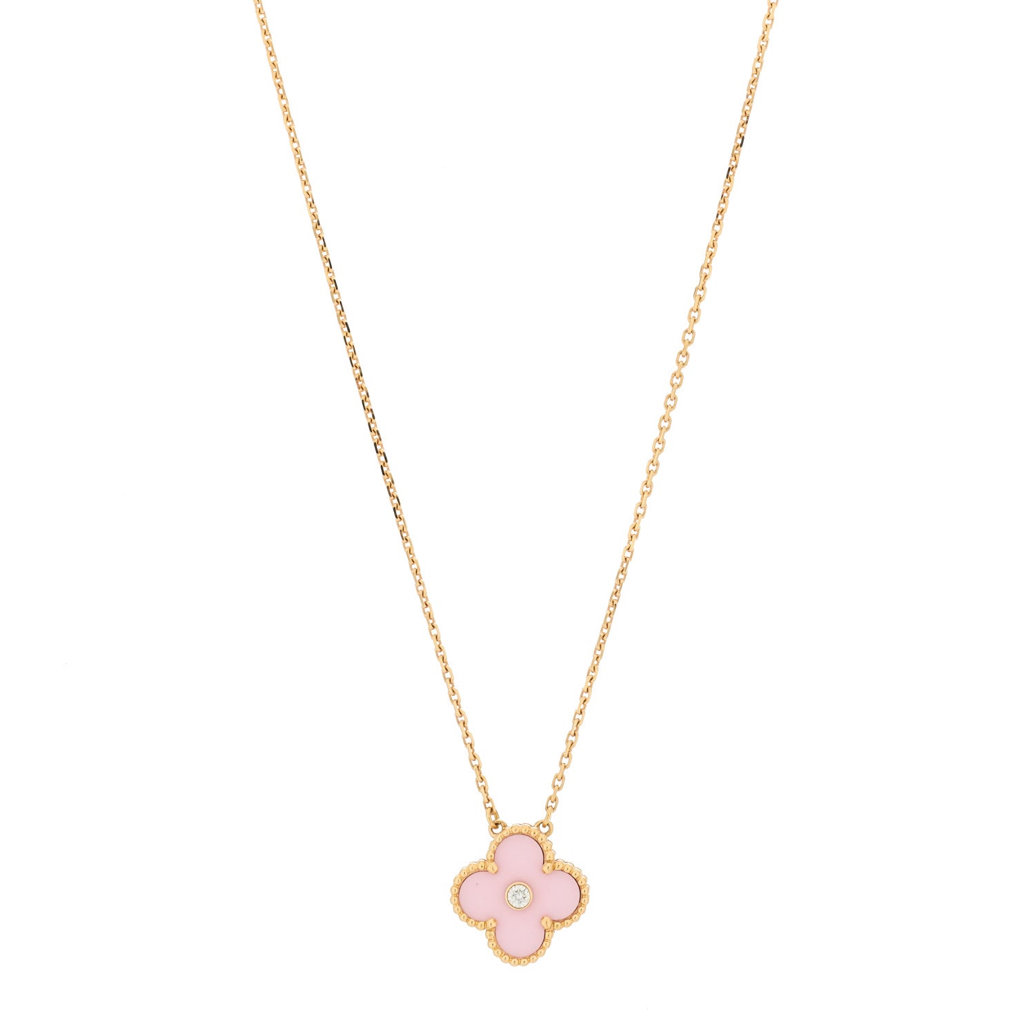 Van Cleef & Arpels 18K Rose Gold Diamond Pink Porcelain Vintage Alhambra Pendant Necklace 1 of 6