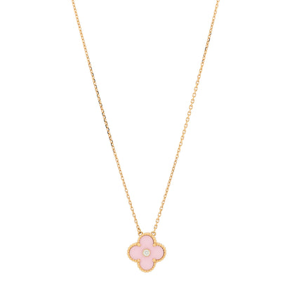 Van Cleef & Arpels 18K Rose Gold Diamond Pink Porcelain Vintage Alhambra Pendant Necklace 1 of 6
