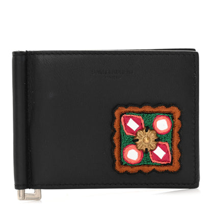 Saint Laurent Calfskin Embroidered Bill Clip Card Case Black 1 of 7