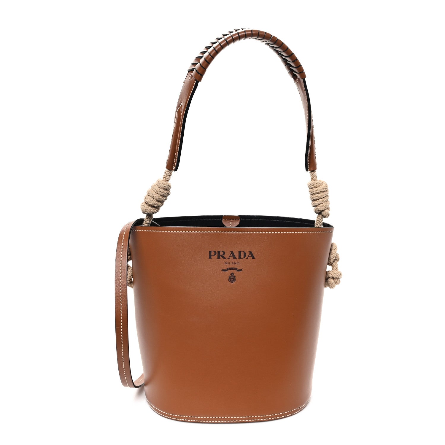 Prada City Calfskin Knotted Rope Bucket Bag Cognac 1 of 12