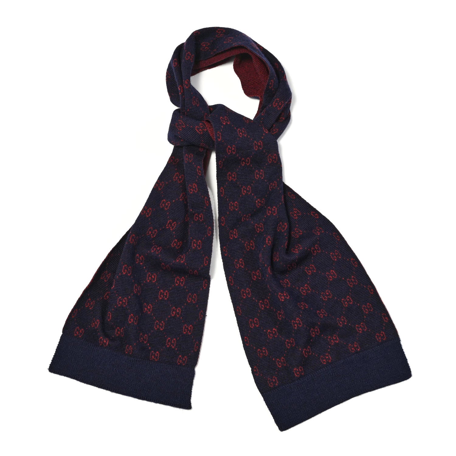 Gucci Alpaca Wool Knit GG Monogram Hog Scarf Navy Red 1 of 5
