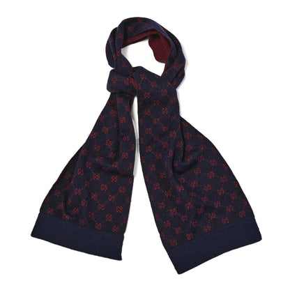 Gucci Alpaca Wool Knit GG Monogram Hog Scarf Navy Red 1 of 5