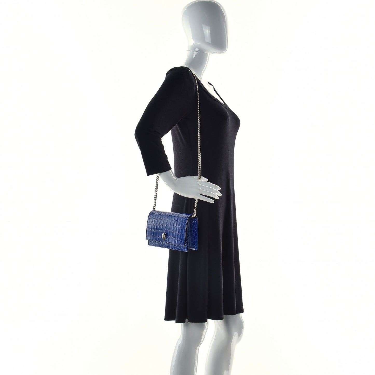Calfskin Crocodile Embossed Skull Mini Crossbody Bag Deep Lapis Blue