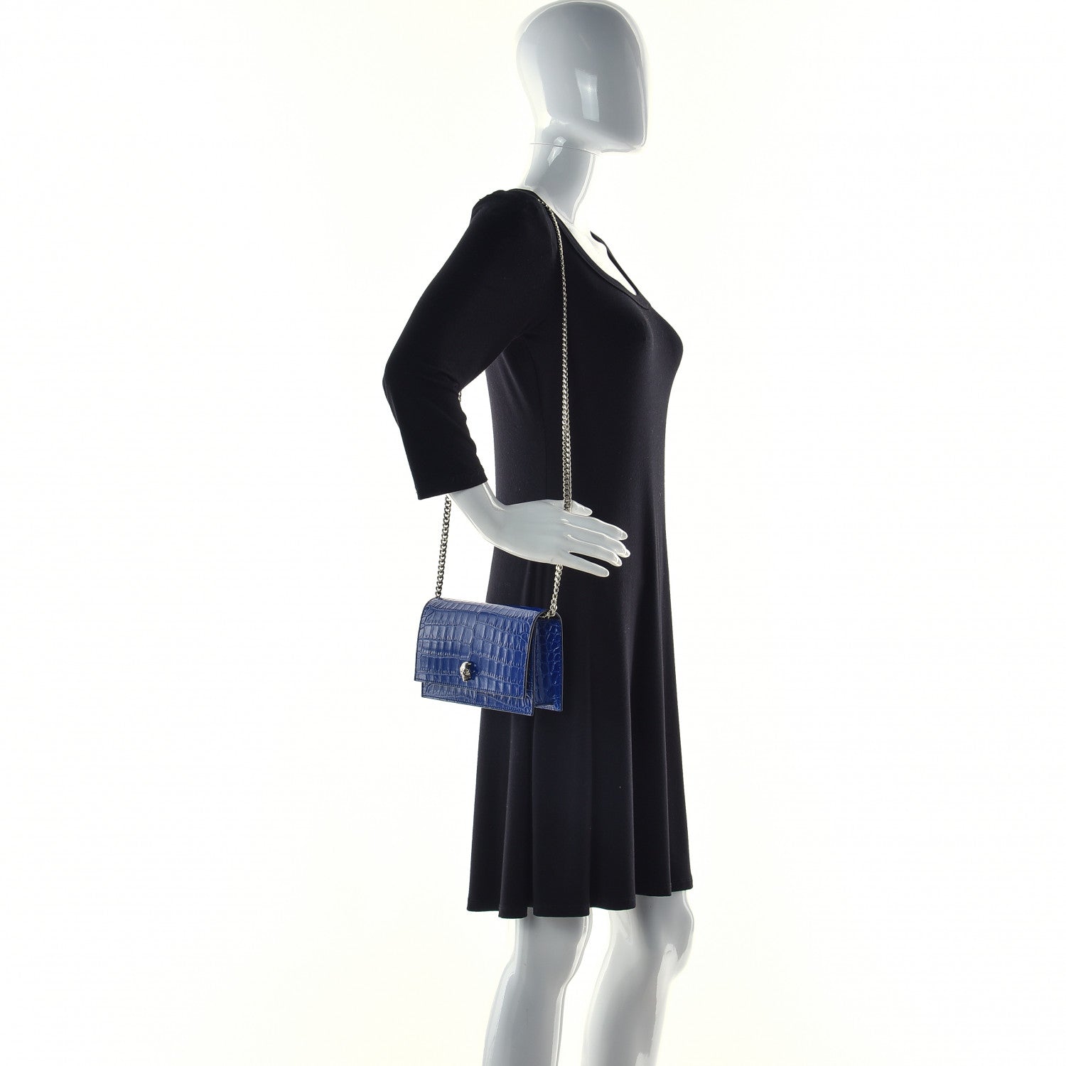 Alexander McQueen Calfskin Crocodile Embossed Skull Mini Crossbody Bag Deep Lapis Blue 2 of 9