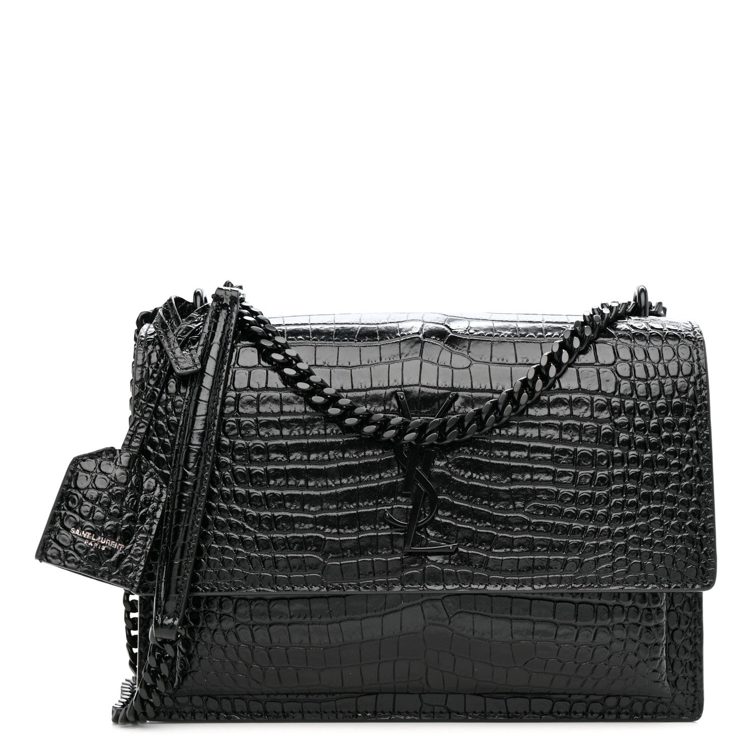 本日PM18時にて終了します。SAINT LAURENT ブラック クロコダイル Saint Laurent Calfskin Crocodile Embossed Medium Monochrome