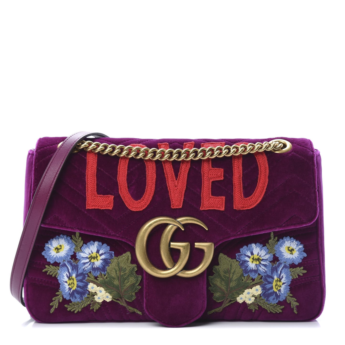 Velvet Matelasse Loved Embroidered Medium GG Marmont Shoulder Bag Fuchsia Violet Cyclamen