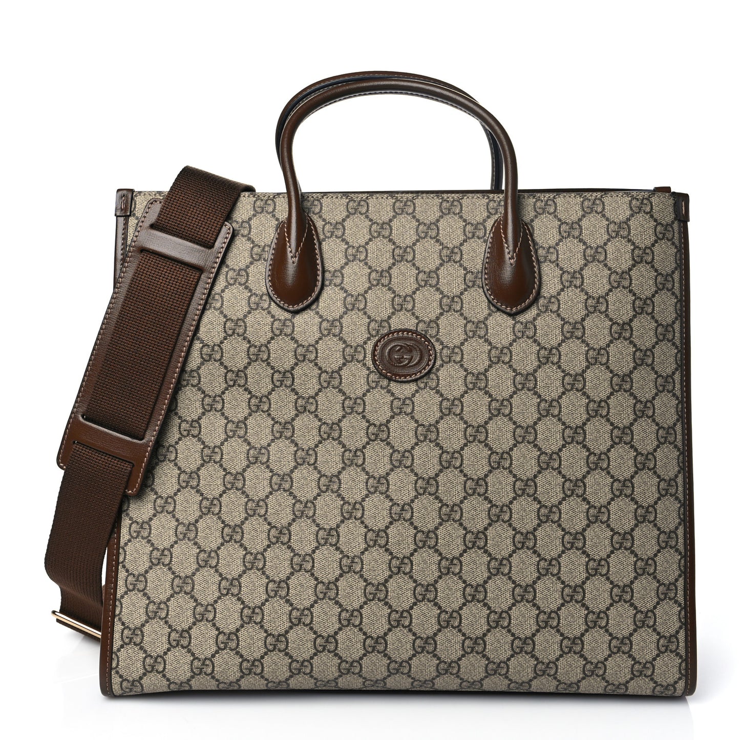 GG Supreme Monogram Azalea Calfskin Medium Retro Interlocking G Tote Bag Beige Ebony Brown Sugar