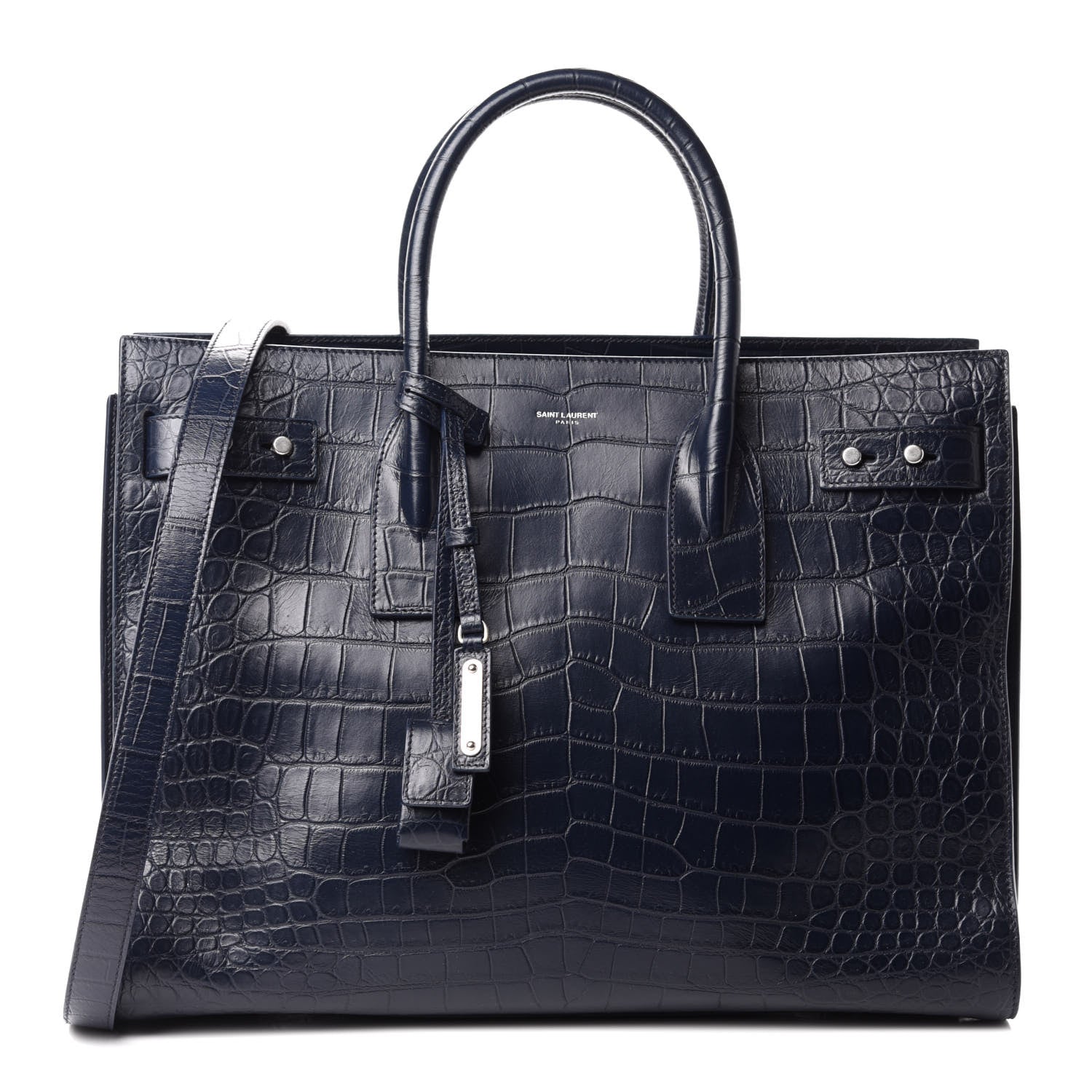 Saint Laurent Calfskin Crocodile Embossed Medium Souple Sac De Jour Navy 1 of 14