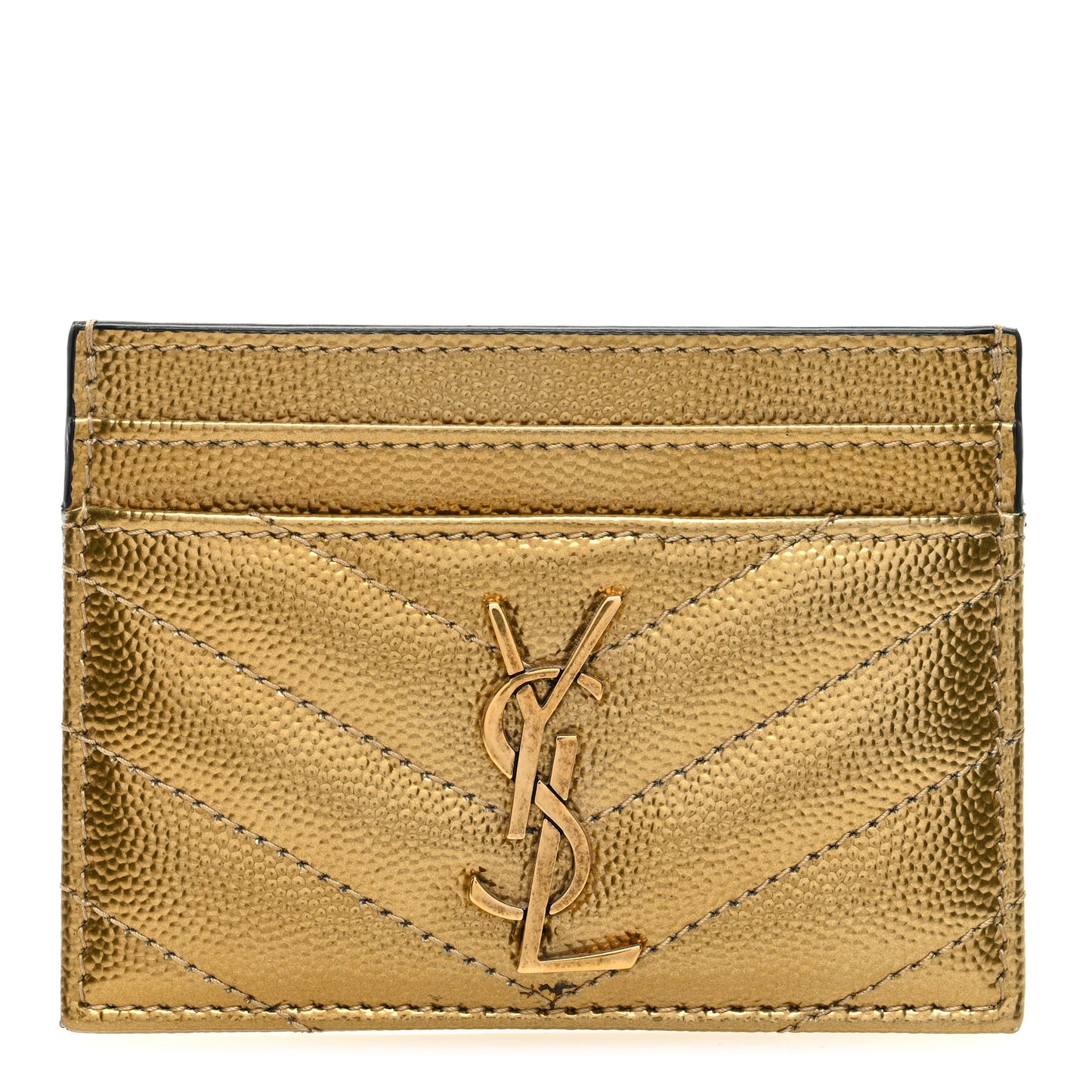 Metallic Grain De Poudre Matelasse Chevron Monogram Credit Card Case Gold