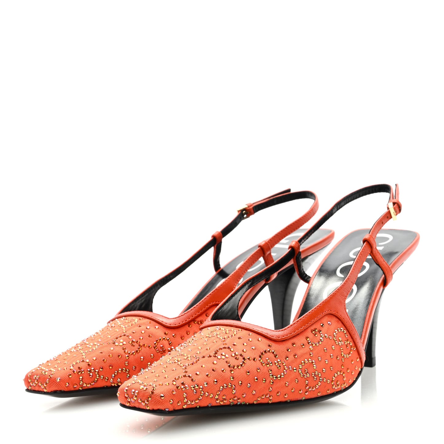 Moire Fabric Malaga Kid Crystal GG Monogram Square G 75mm Slingback Pumps 38 Deep Orange