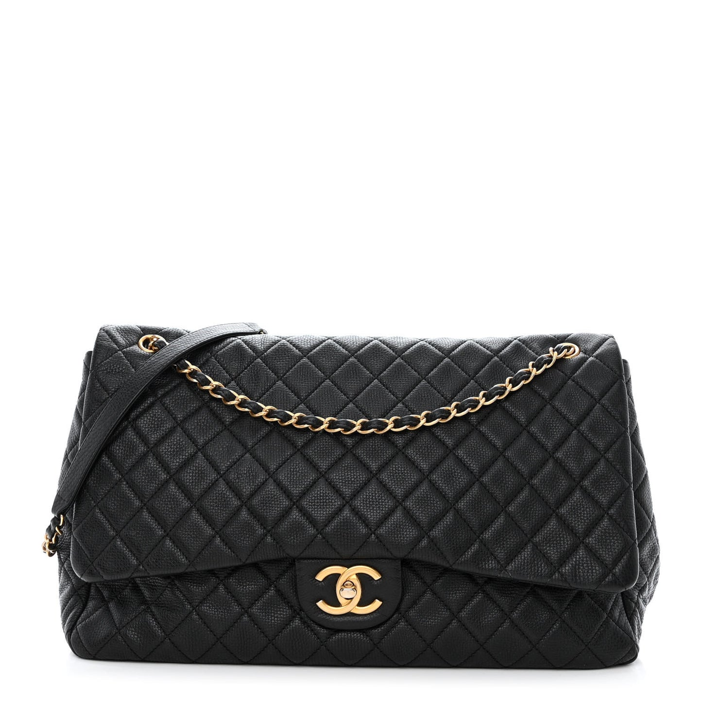 Calfskin Quilted XXL Travel Flap Bag Black