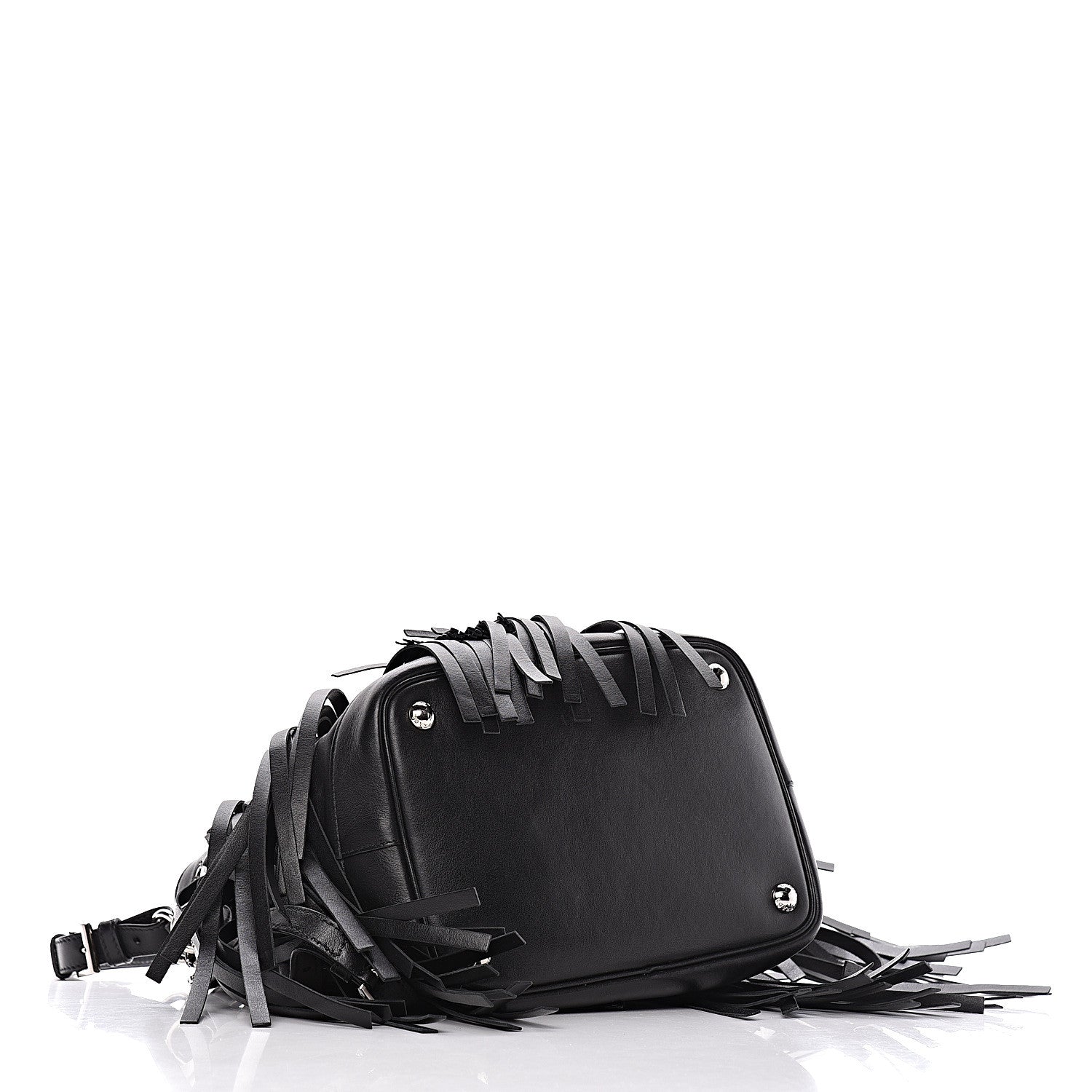 Prada Soft Calfskin Fringe Bucket Bag Black 4 of 15